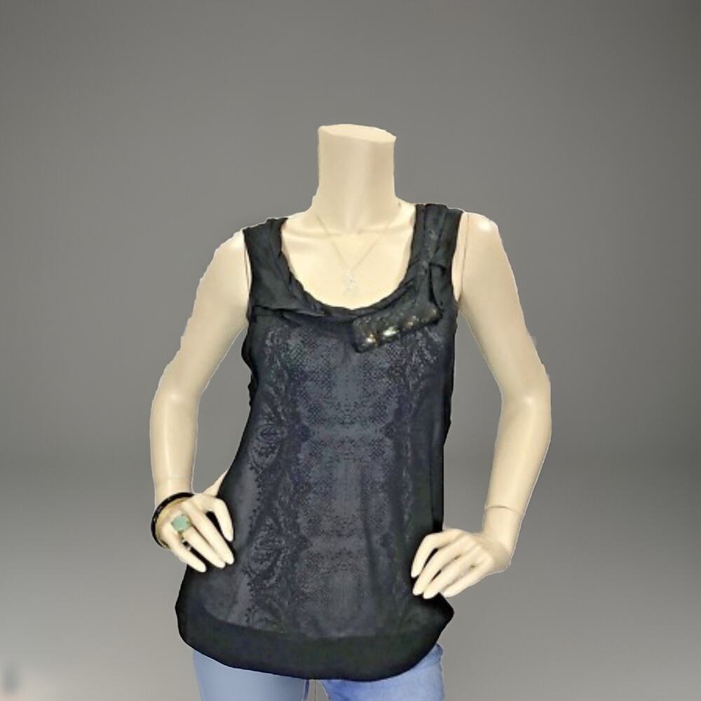 CAbi #155 Black Floral Sheer Overlay XL Jewel Sleeveless Blouse Bubble Hem Top